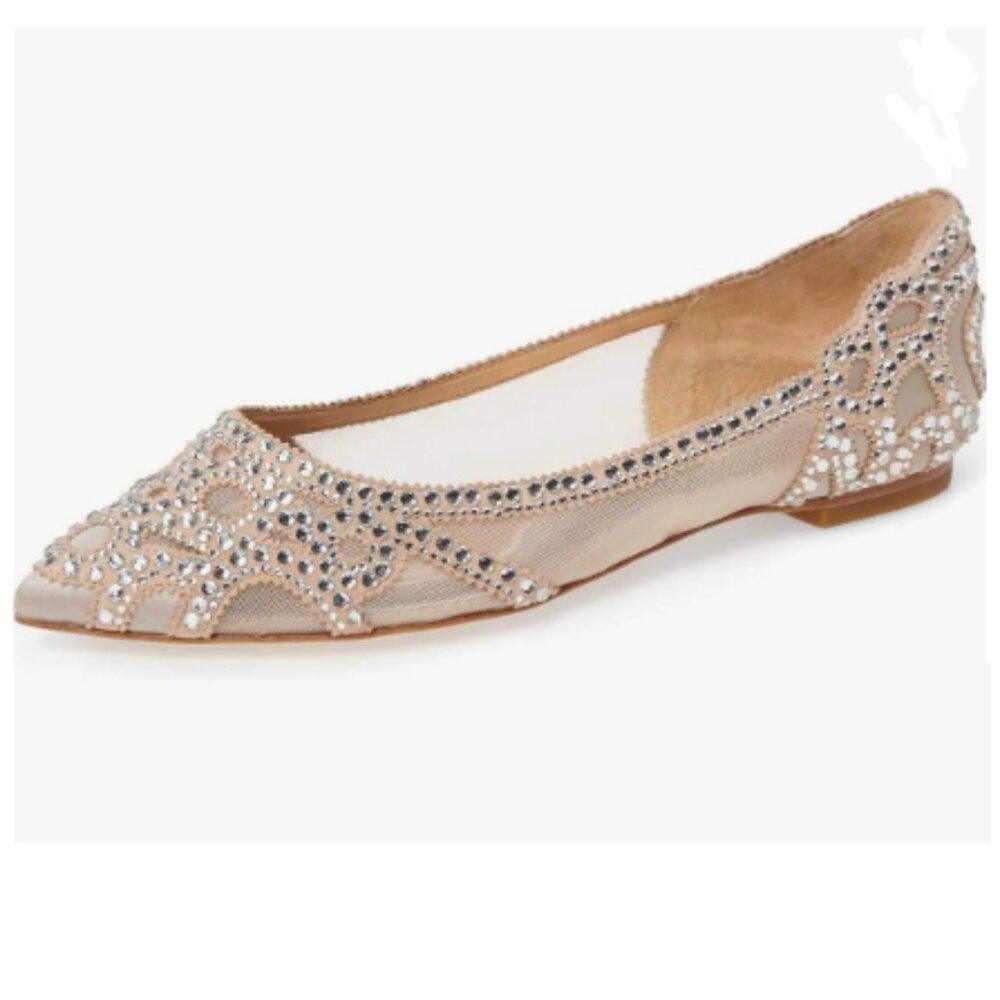 XYD Nude Pointed Toe Rhinestone Flats Mesh Slip-on Crystals Wedding Bride Shoes